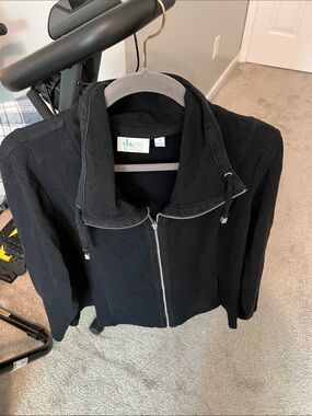 Denim&Co Black Zipper-Front Casual Jacket with Drawcord Collar